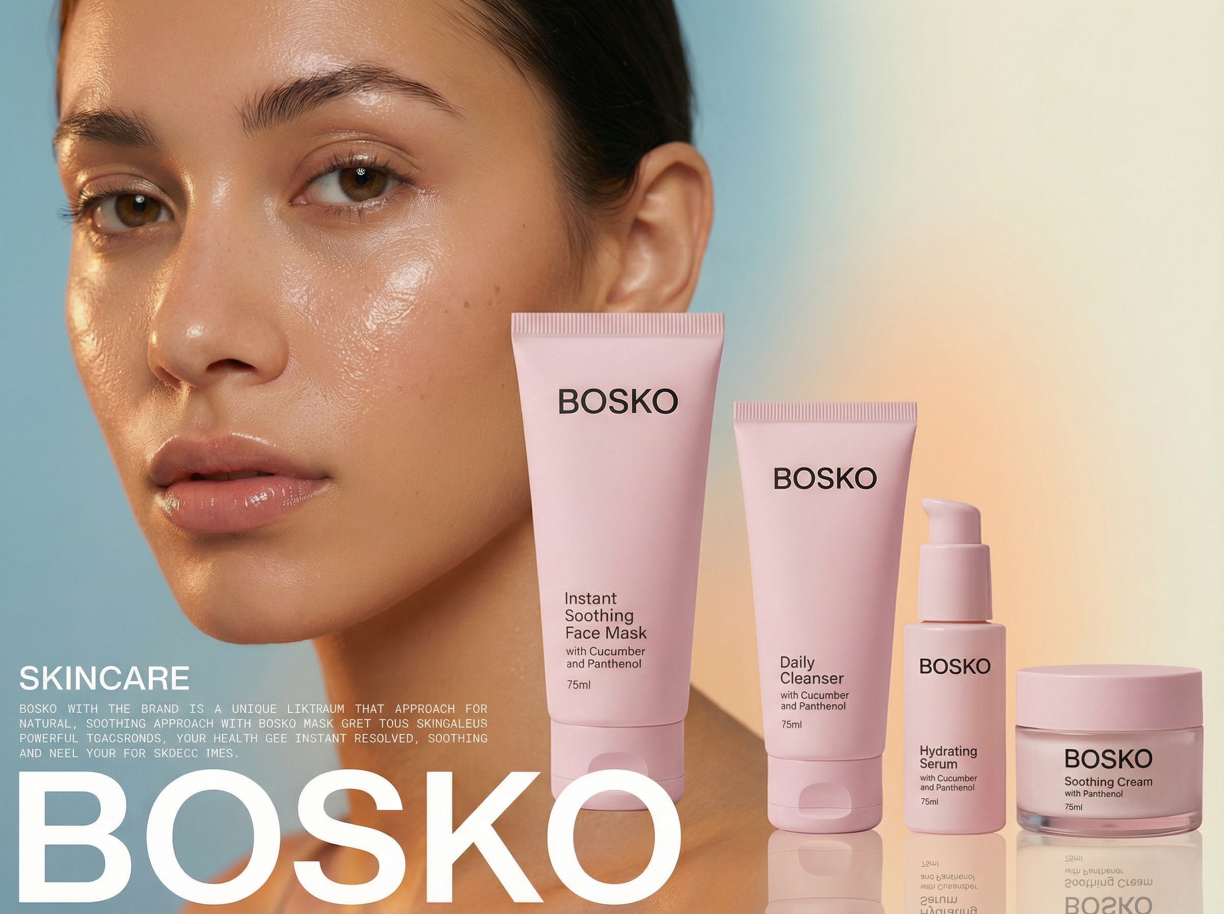 Bosko skincare lineup of face mask, cleanser, serum, and cream beside a model's portrait
