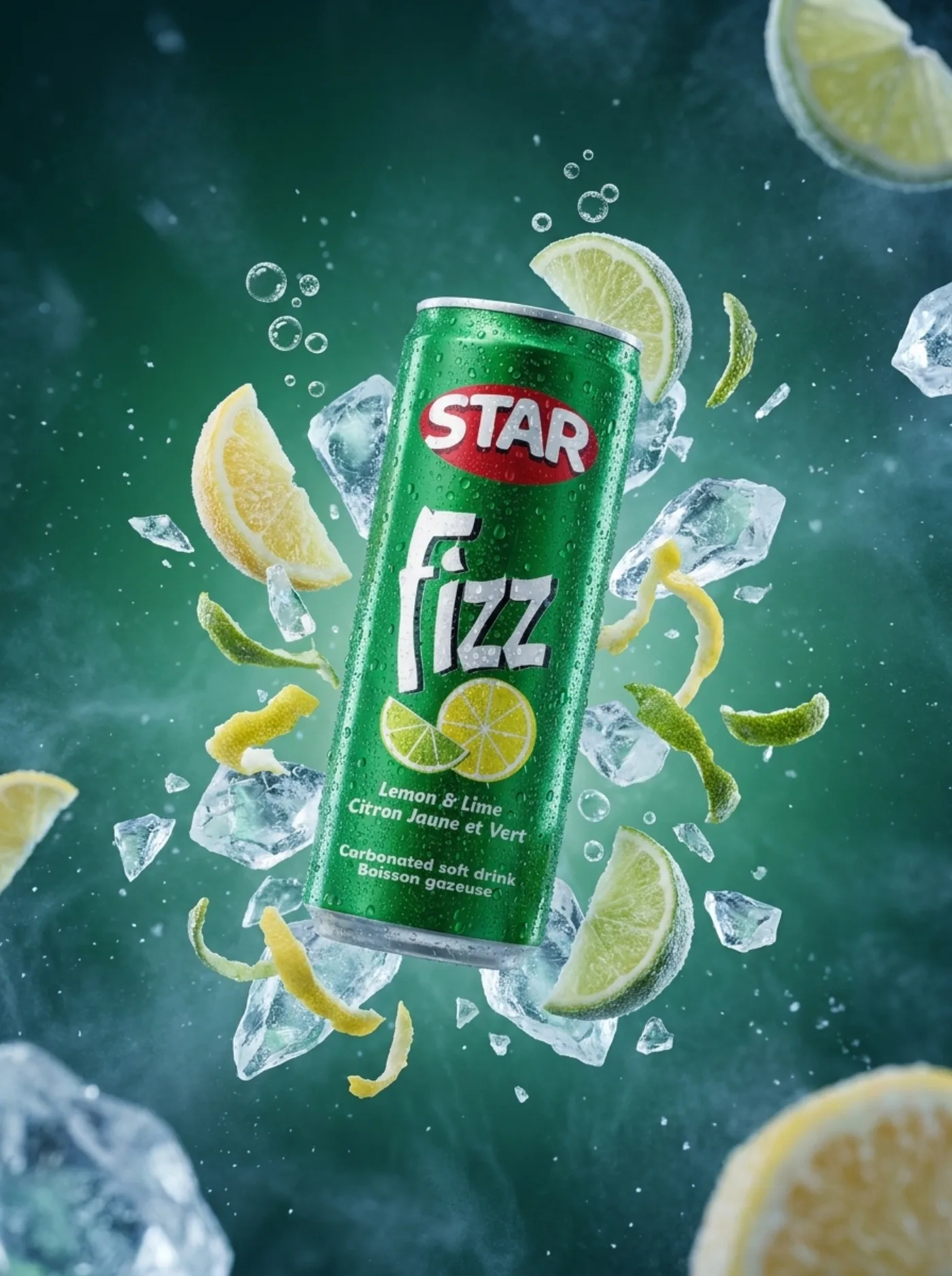 Star Fizz lemon-lime soda can surrounded by citrus slices, ice, and bubbles