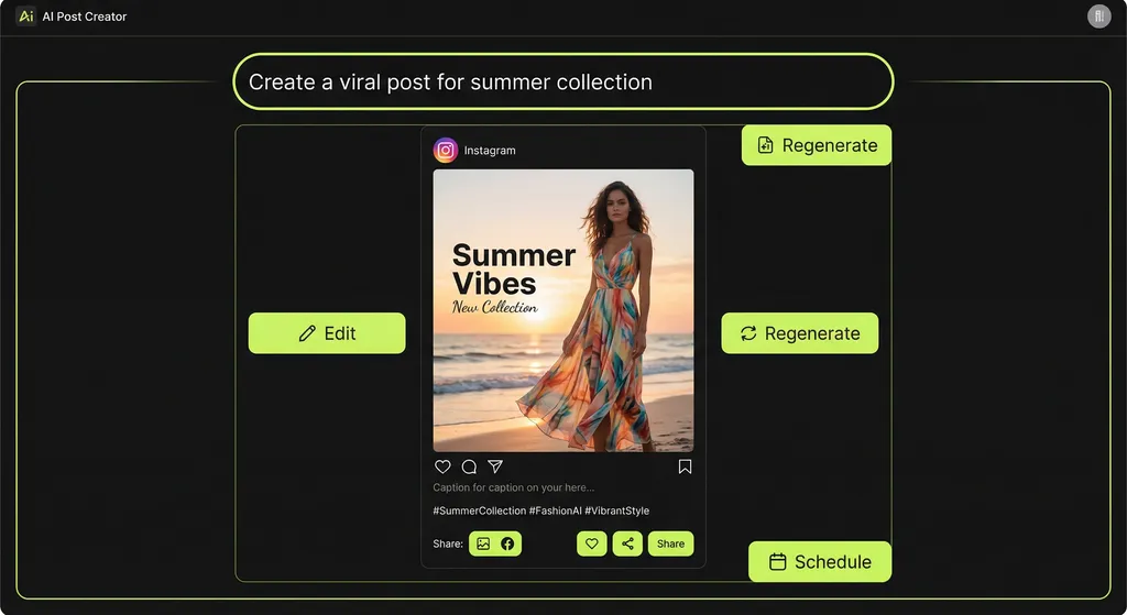 AI Post Creator interface generating an Instagram summer collection post