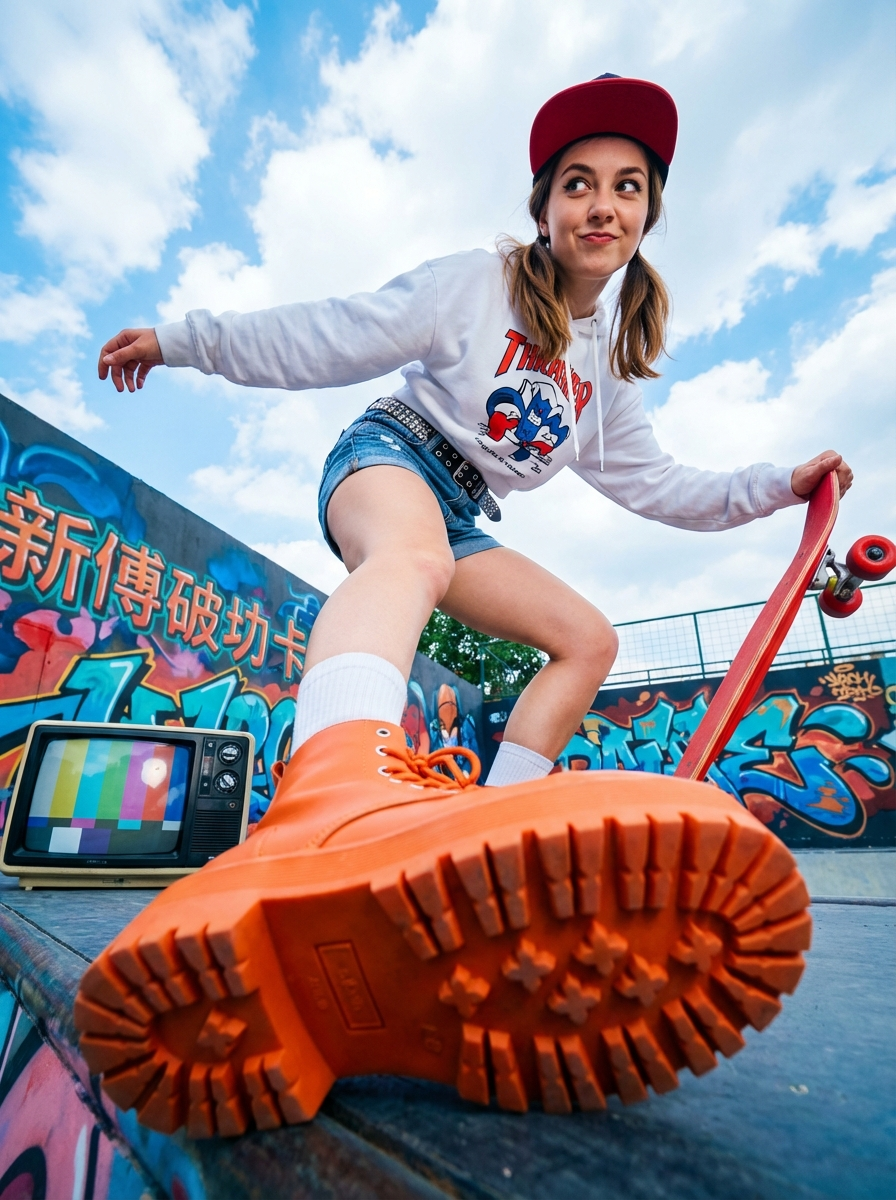 Low-angle action shot of a skateboarder popping a trick on a graffiti-covered ramp