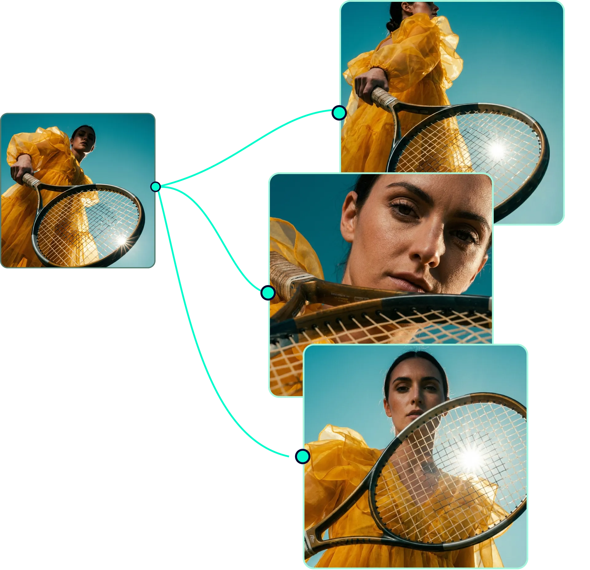 Precision Images workflow visualization showing input image connecting to multiple output variations